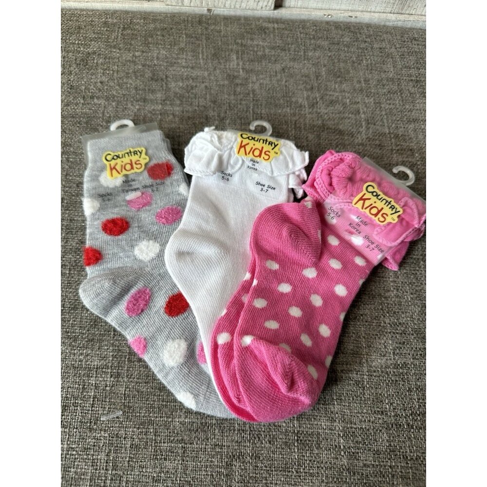Country Kids Girls Socks Size 5-6 Pink White Gray Polka Dots Ruffle 3 Pairs